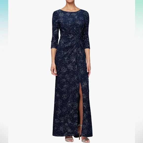 alex evenings navy long dress Alex Evenings Ruffled Off-The-Shoulder Gown, Women's, Size: 14, Blue main image 1